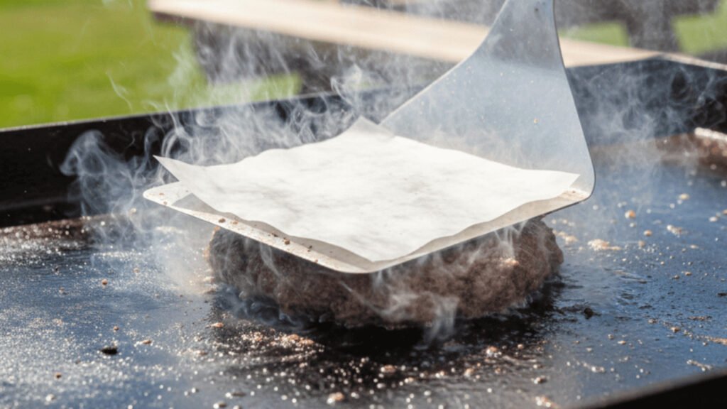 Smashing burger on Blackstone griddle with spatula