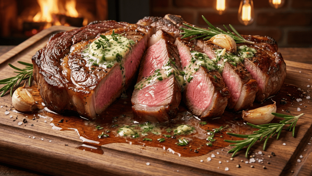 Sliced medium-rare pan-seared ribeye steak with garlic butter on a wooden board