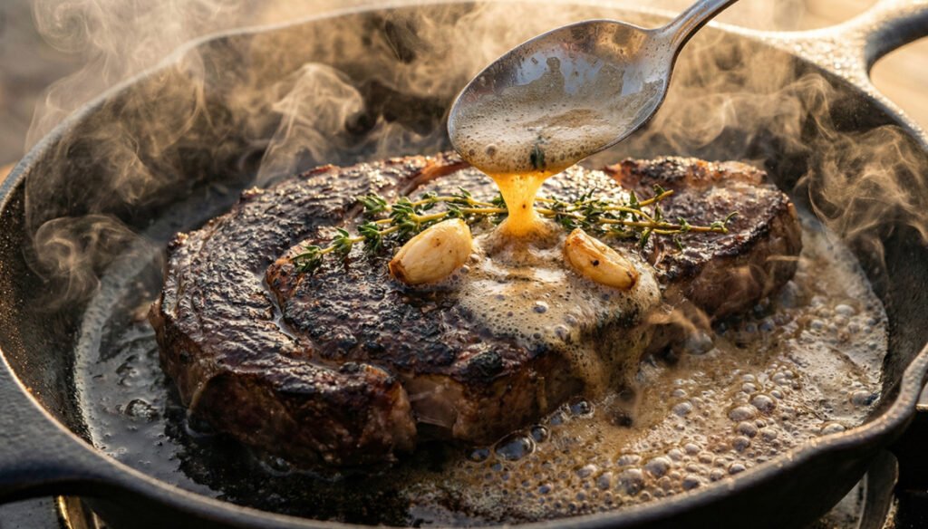 Pan-seared ribeye steak being basted with bubbling garlic butter and herbs in a hot cast iron skillet