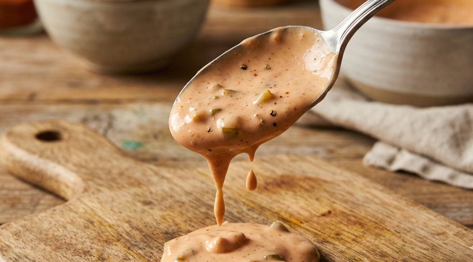 Creamy texture of homemade Big Mac Sauce Copycat dripping from a spoon