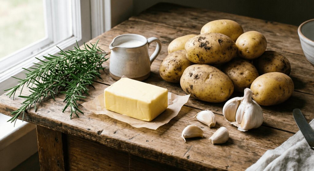 Ricing boiled potatoes to make fluffy creamy garlic mashed potatoes