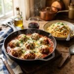 Italian beef meatballs in marinara sauce with mozzarella