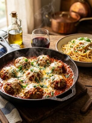 Italian beef meatballs in marinara sauce with mozzarella