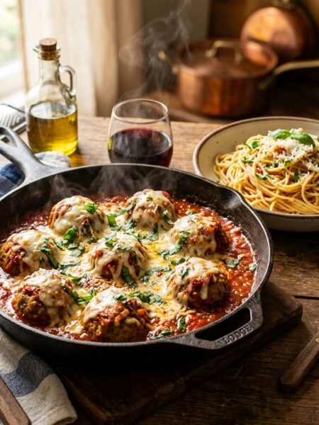 Italian beef meatballs in marinara sauce with mozzarella