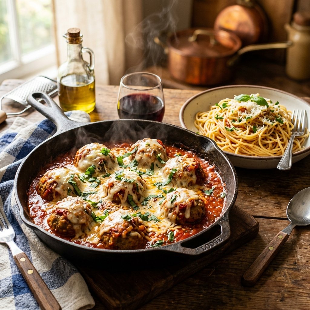 Italian beef meatballs in marinara sauce with mozzarella