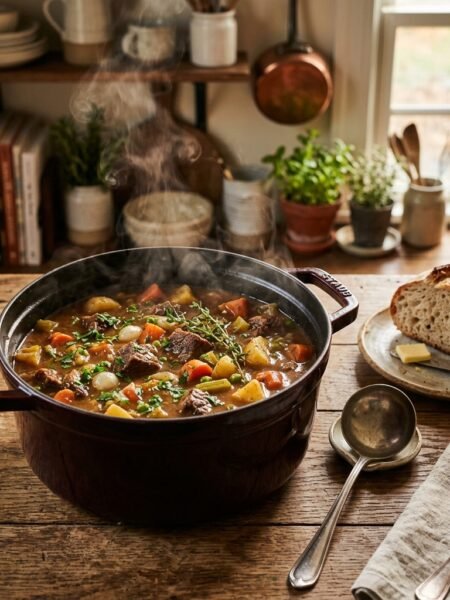 Hearty beef stew with vegetables in Dutch oven