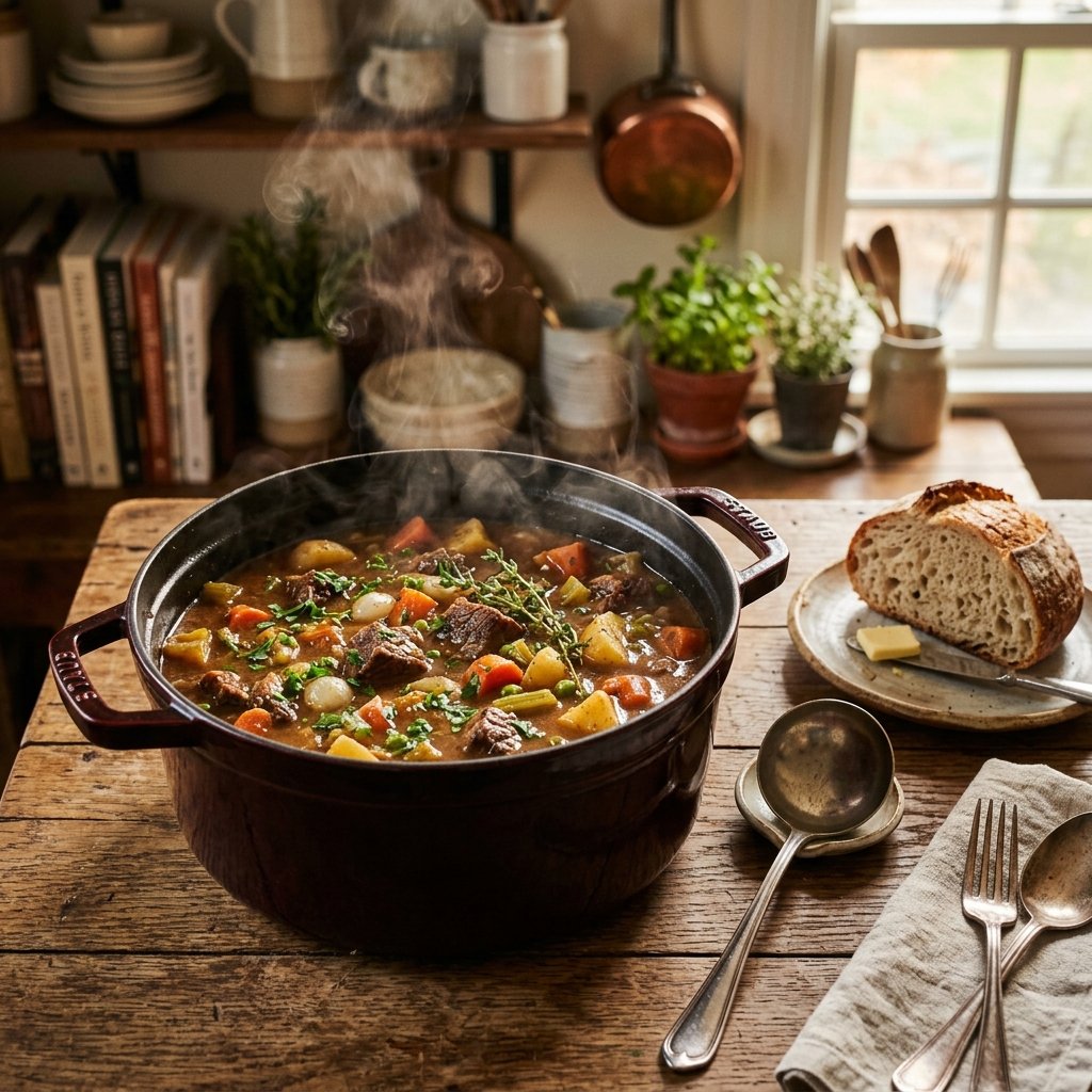Hearty beef stew with vegetables in Dutch oven