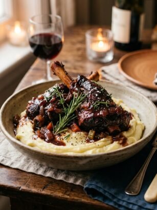 Tender braised lamb shanks in red wine sauce
