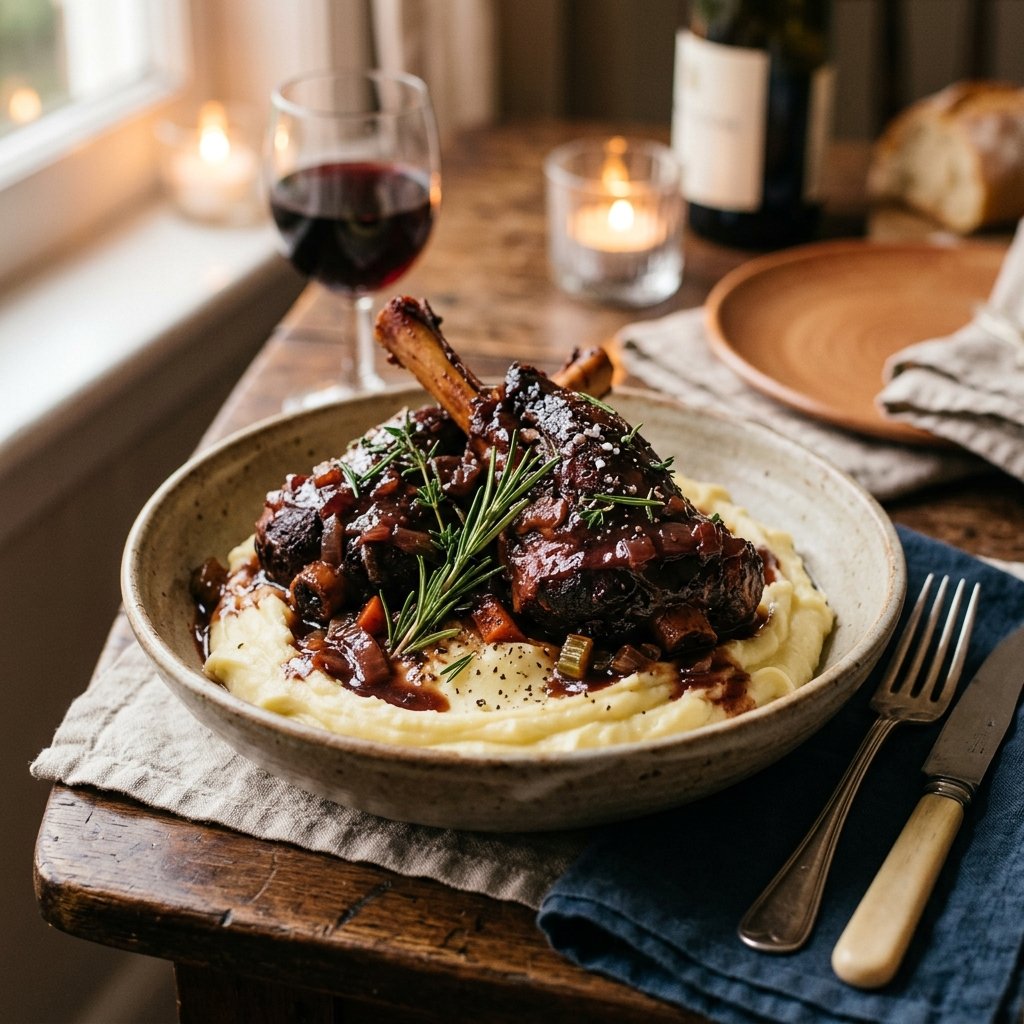 Tender braised lamb shanks in red wine sauce