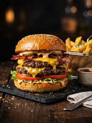 Classic double beef burger with bacon and cheese