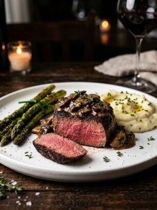 Pan-seared filet mignon with mushroom sauce