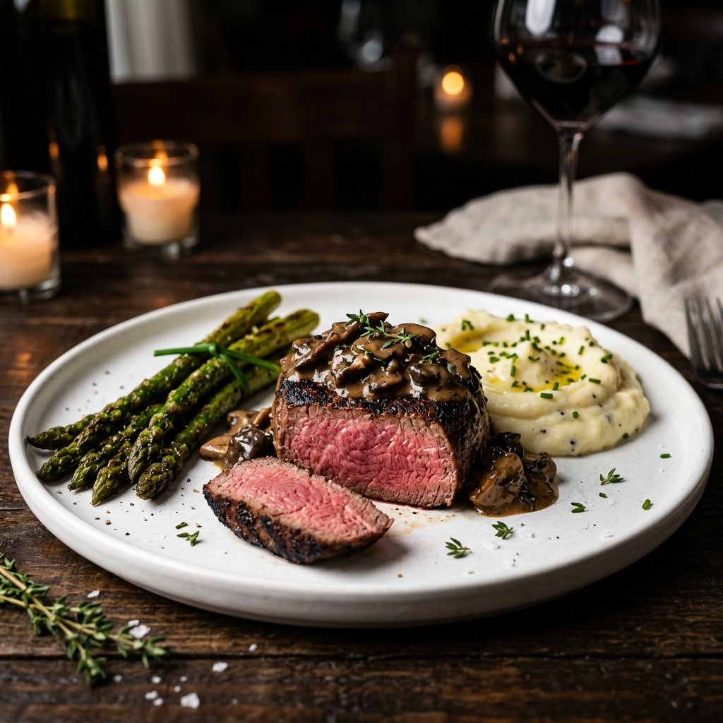 Pan-seared filet mignon with mushroom sauce