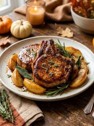 Apple cider glazed pork chops with roasted apples