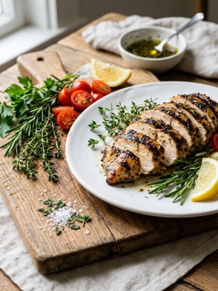 Juicy grilled chicken breast with herbs