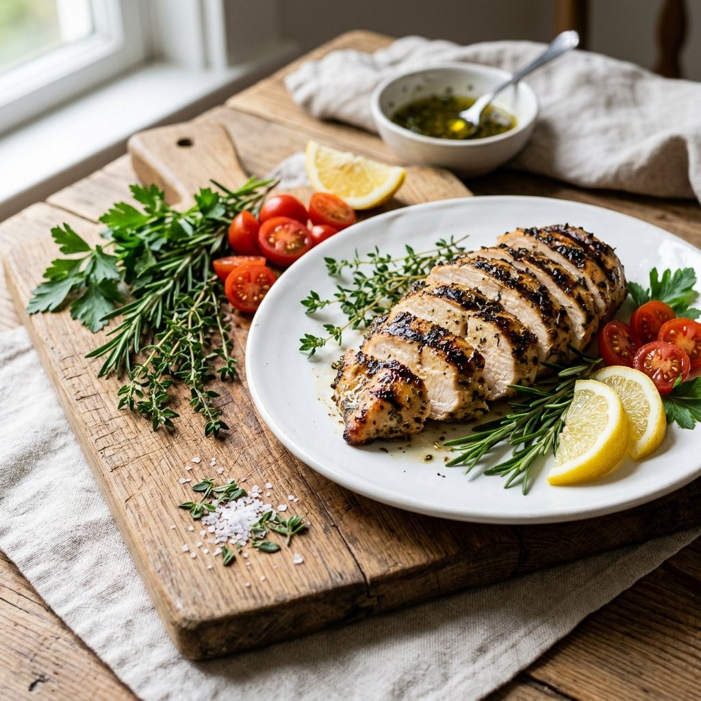 Juicy grilled chicken breast with herbs