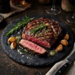 Perfectly grilled ribeye steak with rosemary and garlic butter