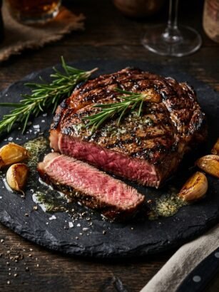 Perfectly grilled ribeye steak with rosemary and garlic butter