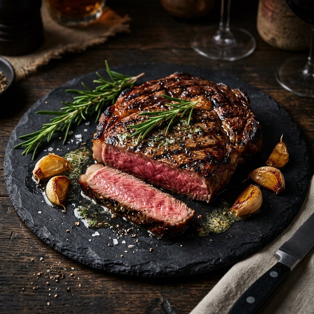 Perfectly grilled ribeye steak with rosemary and garlic butter