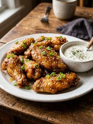 Crispy honey garlic chicken wings with sesame seeds