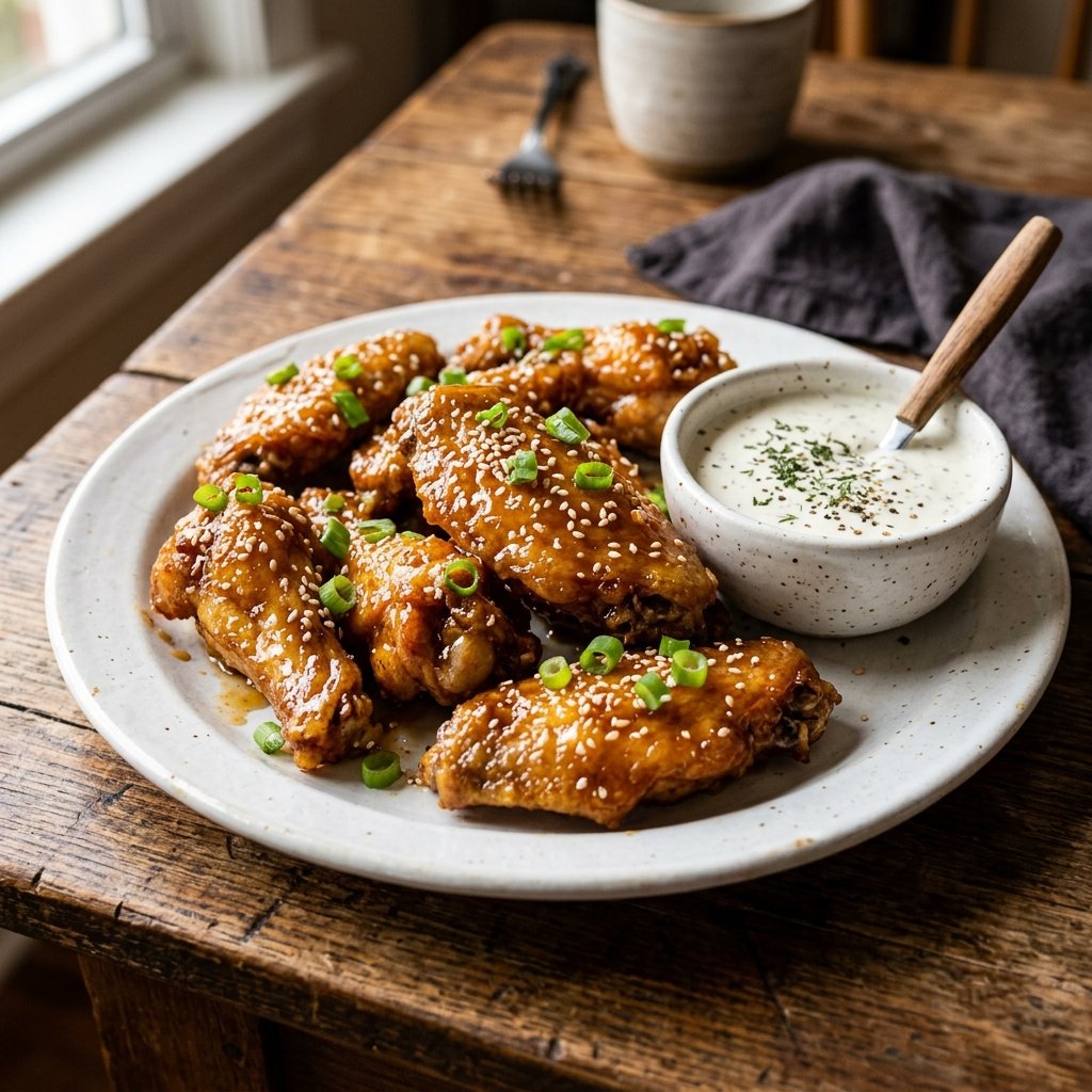 Crispy honey garlic chicken wings with sesame seeds