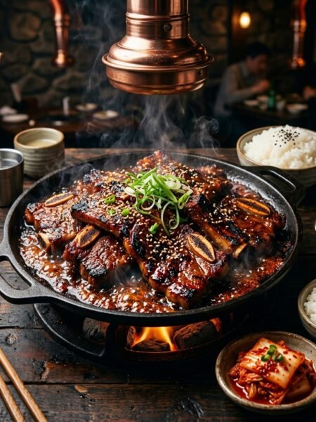 Spicy Korean BBQ short ribs with rice and kimchi