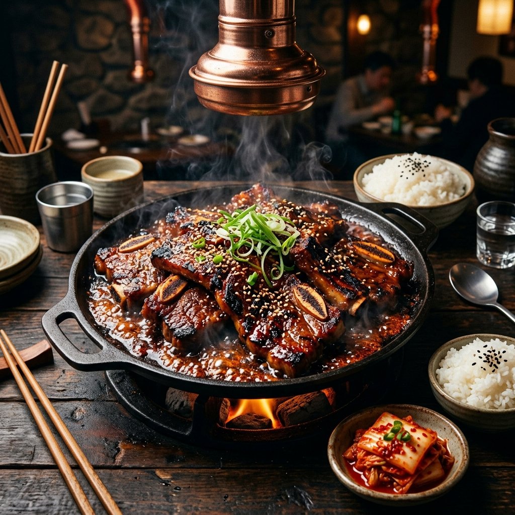 Spicy Korean BBQ short ribs with rice and kimchi