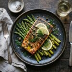 Grilled lemon herb salmon fillet with asparagus