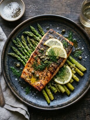 Grilled lemon herb salmon fillet with asparagus