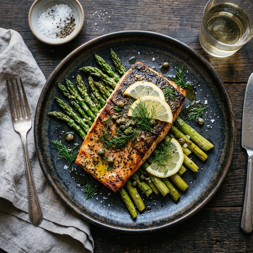Grilled lemon herb salmon fillet with asparagus
