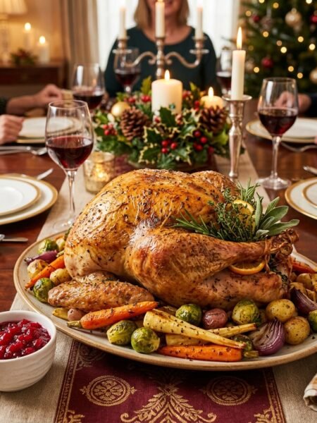 Perfectly roasted whole turkey with crispy golden skin