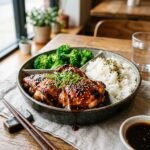 Glazed teriyaki chicken with rice and broccoli
