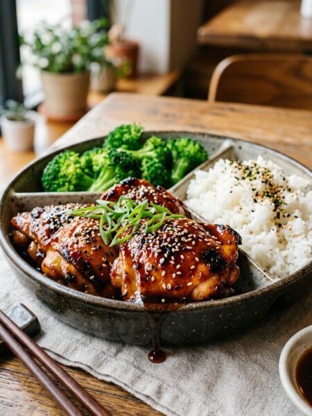 Glazed teriyaki chicken with rice and broccoli